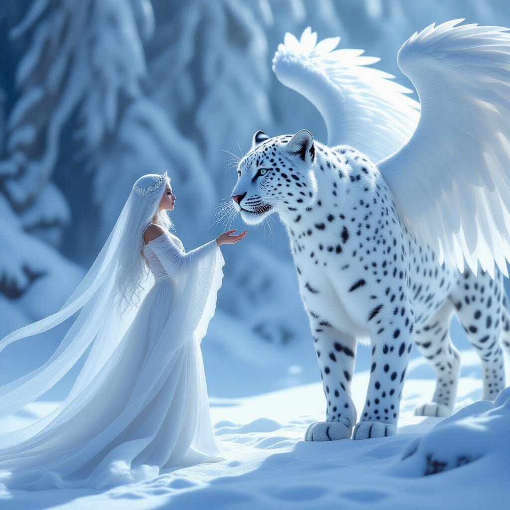 Ethereal Woman and Winged Leopard in White Light