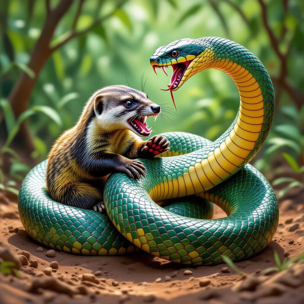 Mongoose Battles King Cobra in Hyperrealistic Wildlife Art
