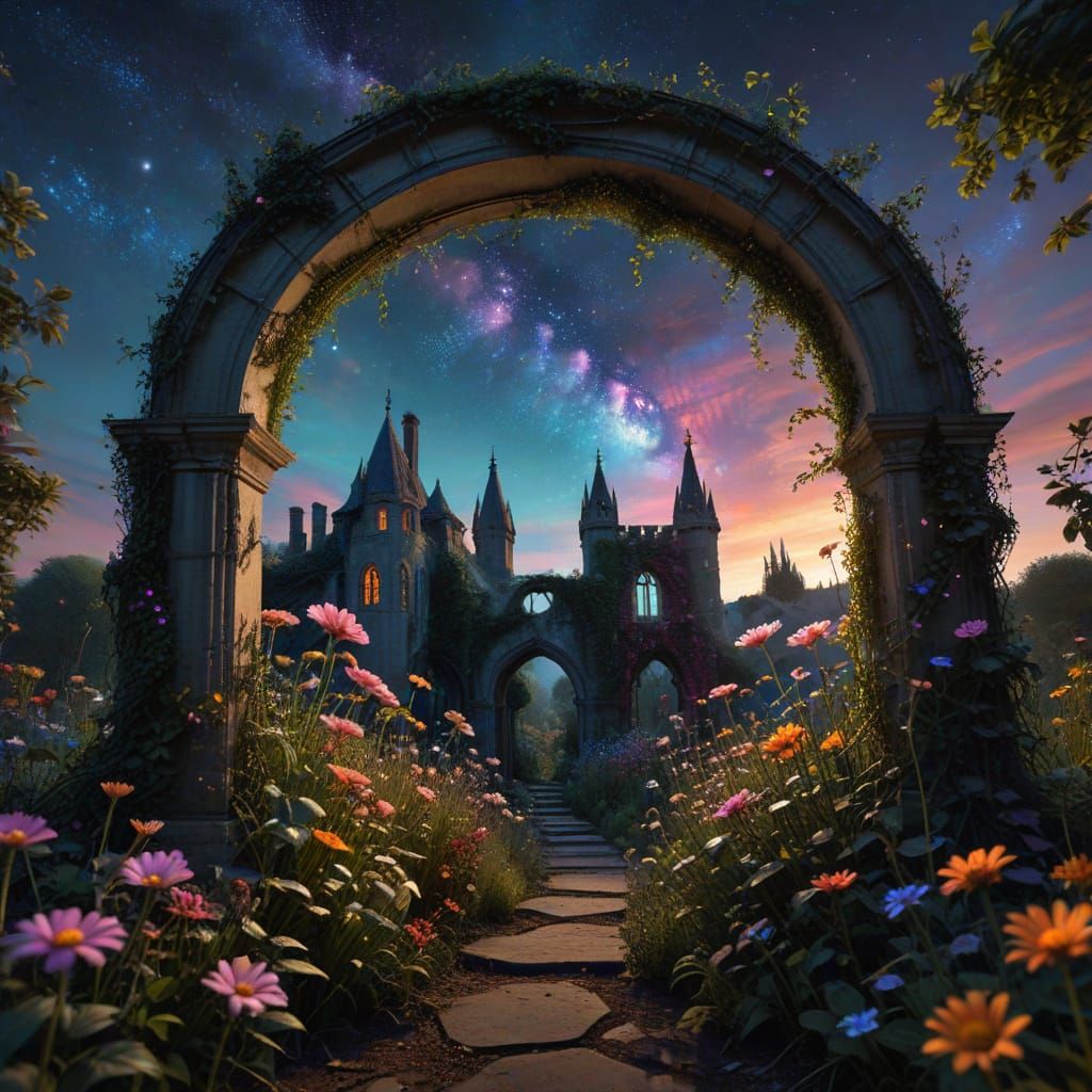 Cosmic Garden at Twilight with Gothic Archway