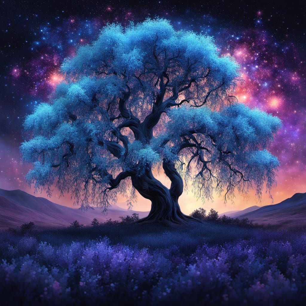 Celestial Willow Tree in Twilight Realm: Surreal Digital Art