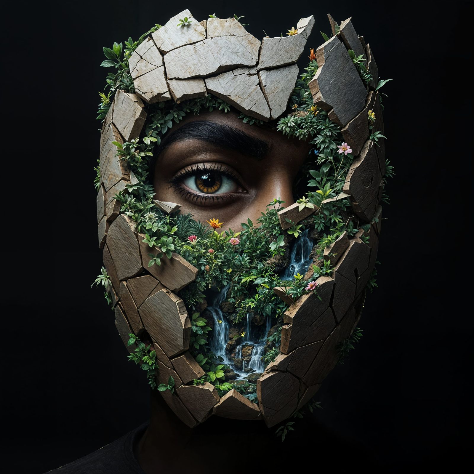 Surreal Portrait of a Figure with a Broken Mask Revealing a ...