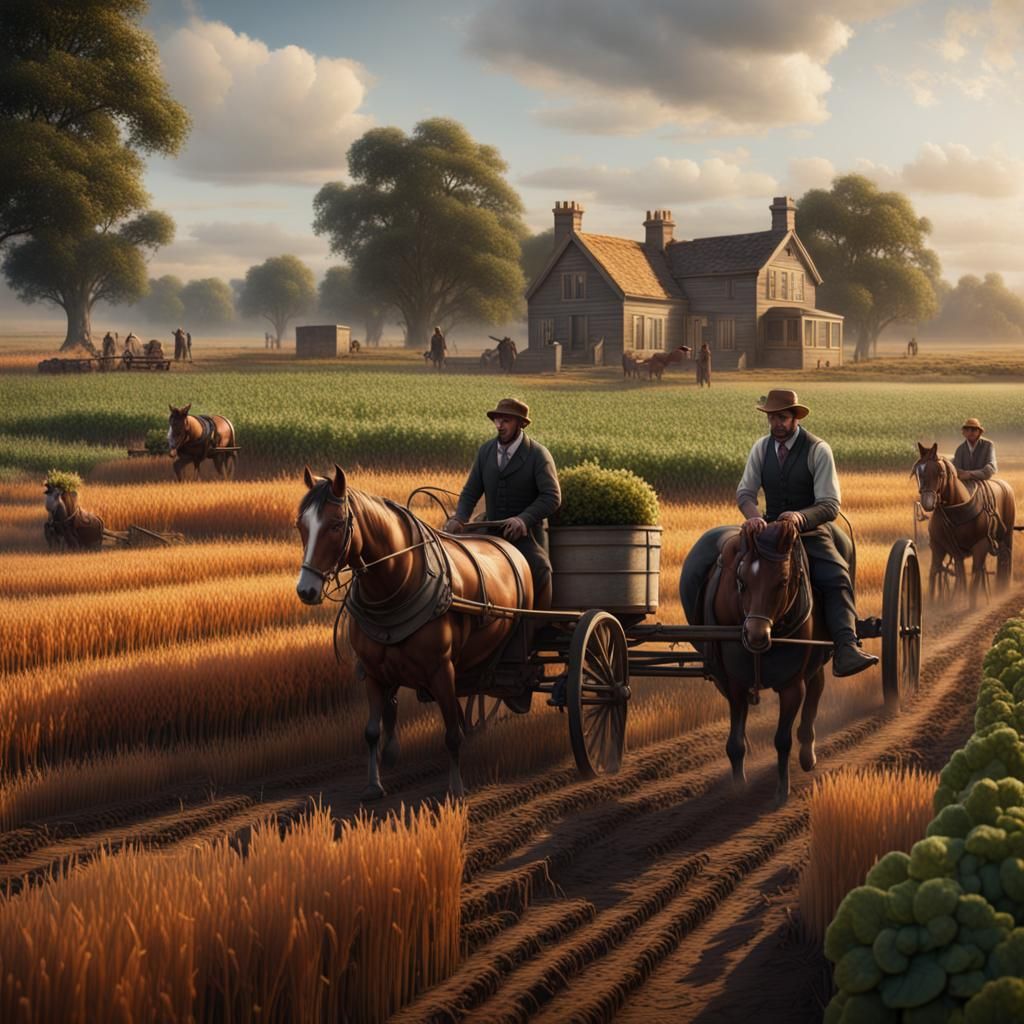 Victorian Farmers Harvesting Crops: Detailed Matte Painting