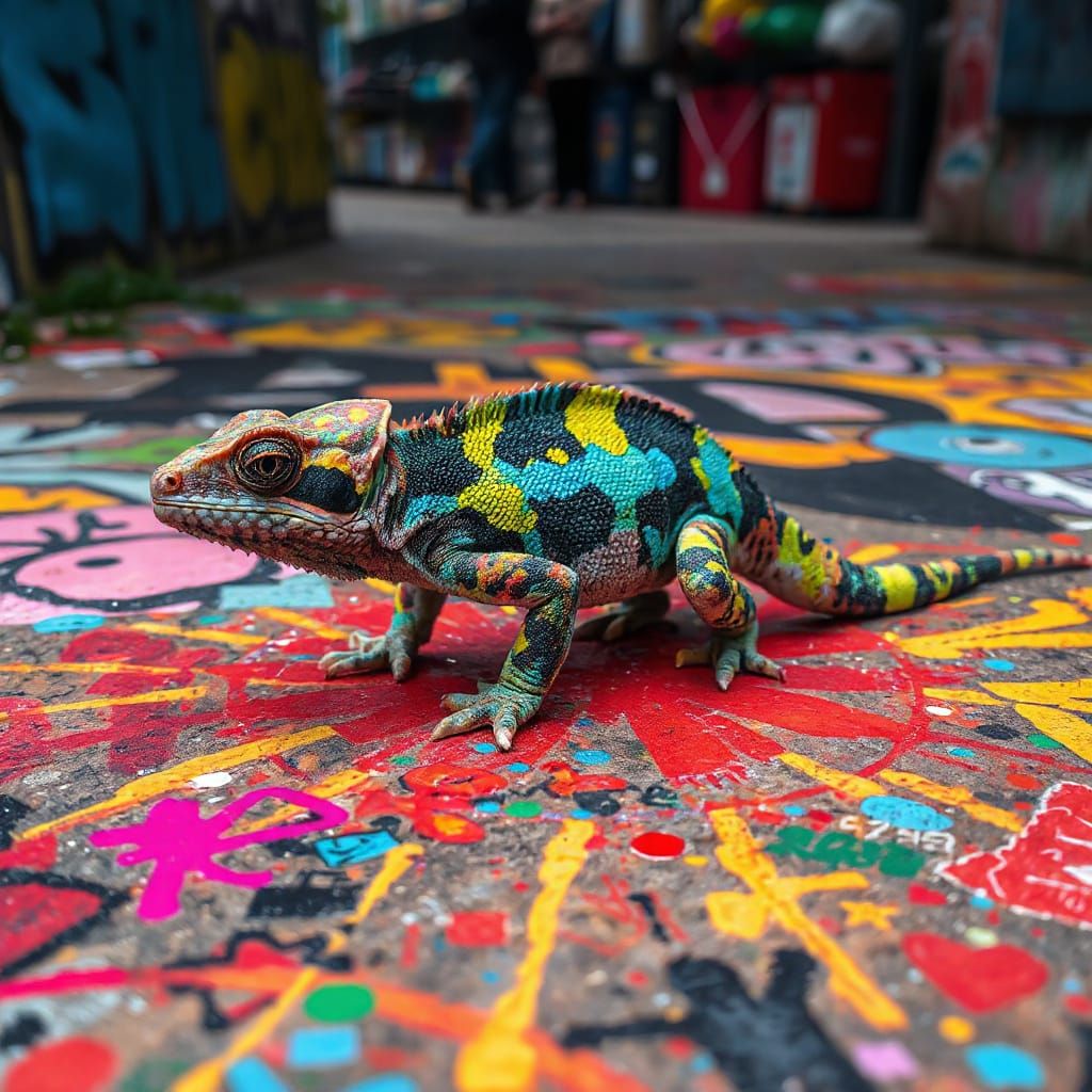 Chameleon with Living Graffiti Skin on Urban Floor
