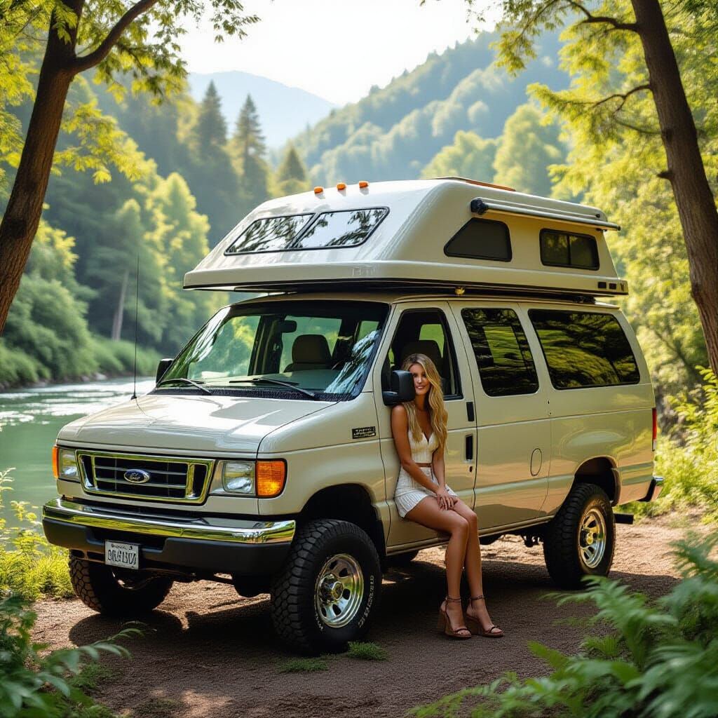 Cozy Van Life by the River: Rustic Art Style
