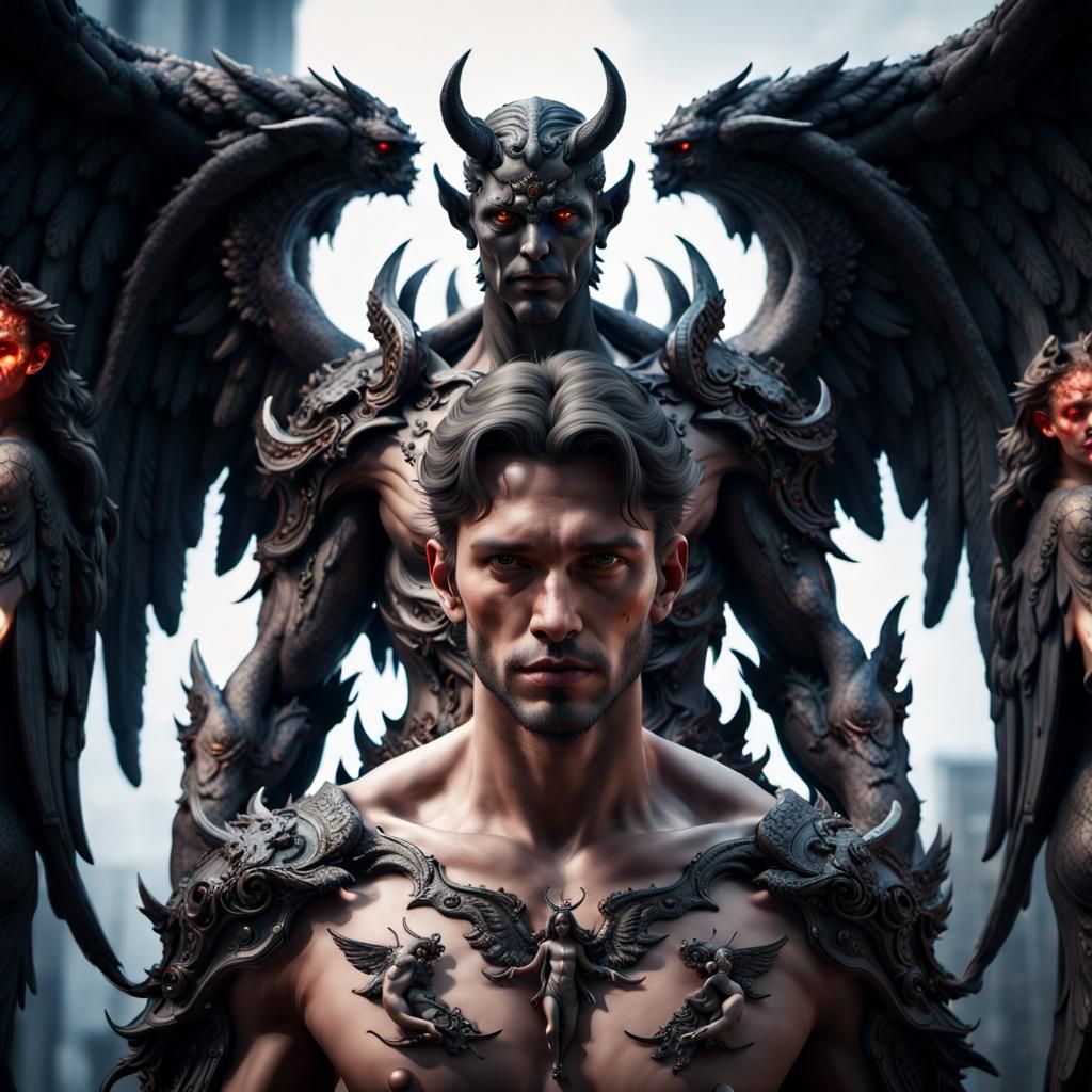 A man with a demon on his shoulders