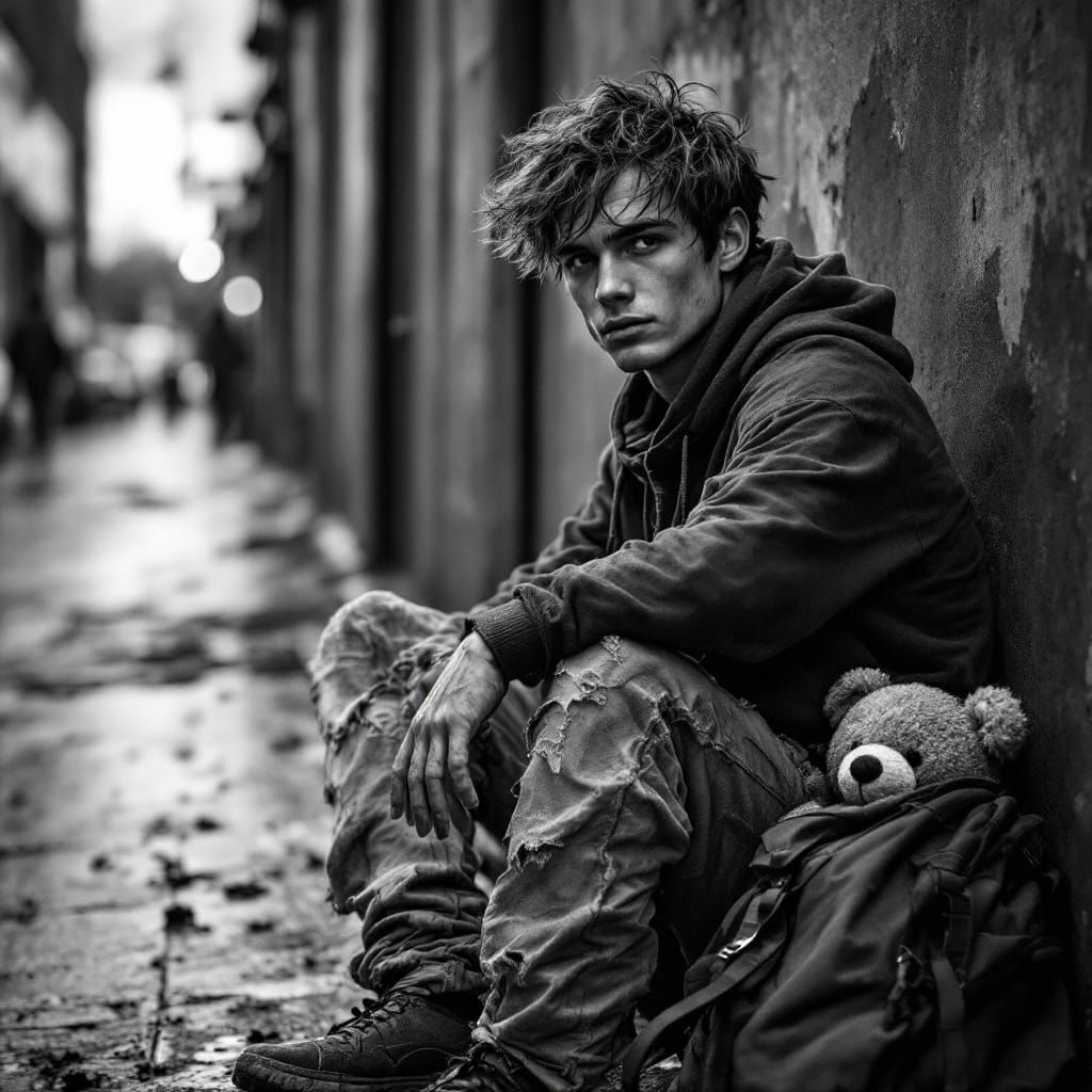 A Young Homeless Man's Struggle in a Grimy City