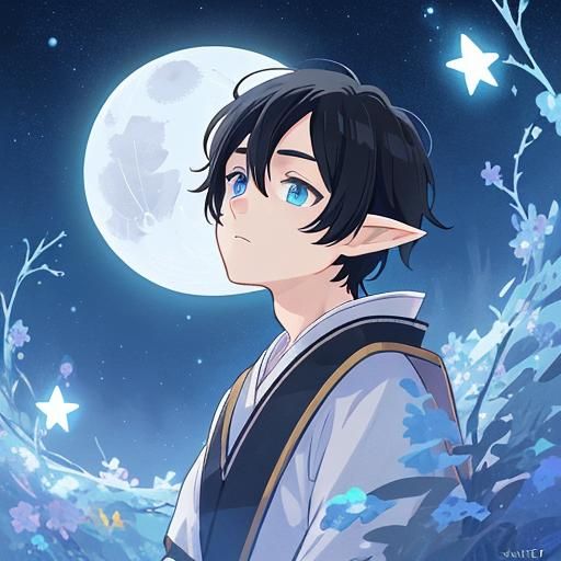 Elf Gazing at Moon in Anime Style
