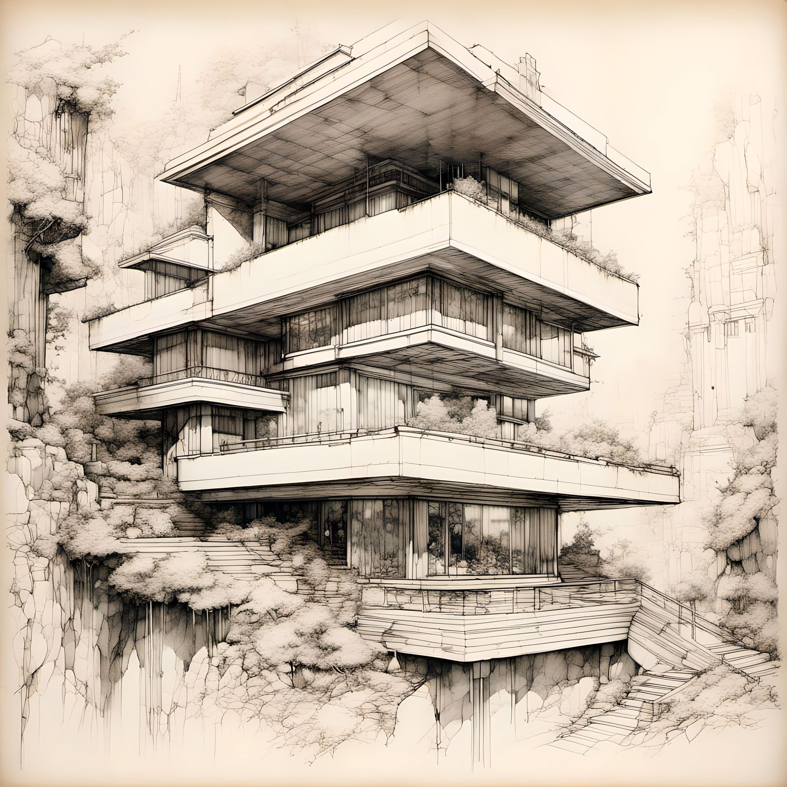 Fallingwater-Inspired Villa: Architectural Sketch in Ink