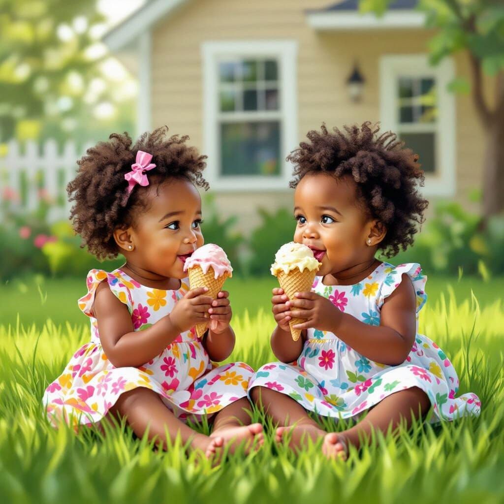 Toddler Twins Share Ice Cream Cone Portrait