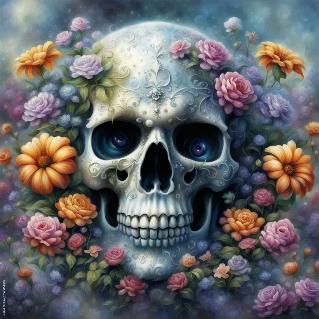 Dew-Kissed Skull: An Ethereal Floral Fantasy