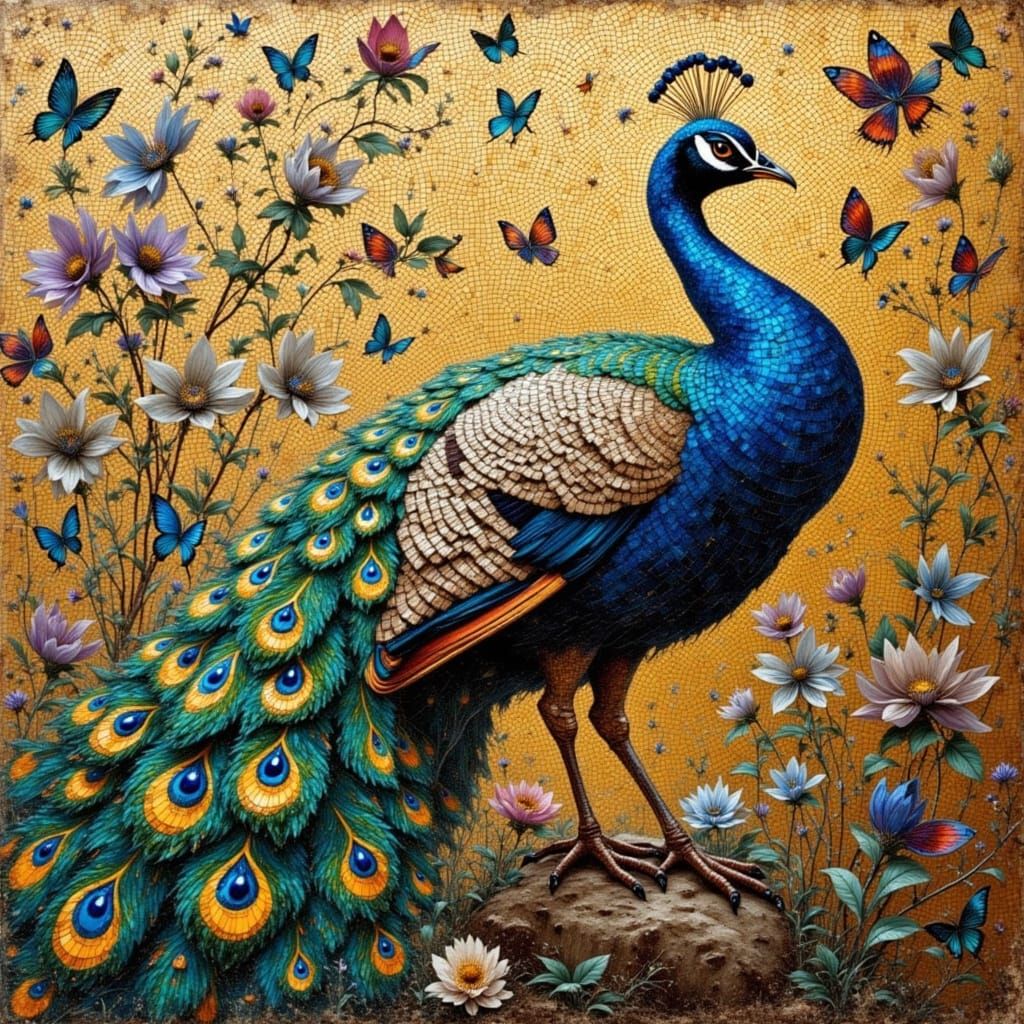 Byzantine Peacock Mosaic: Iridescent Glass & Gold Leaf Art