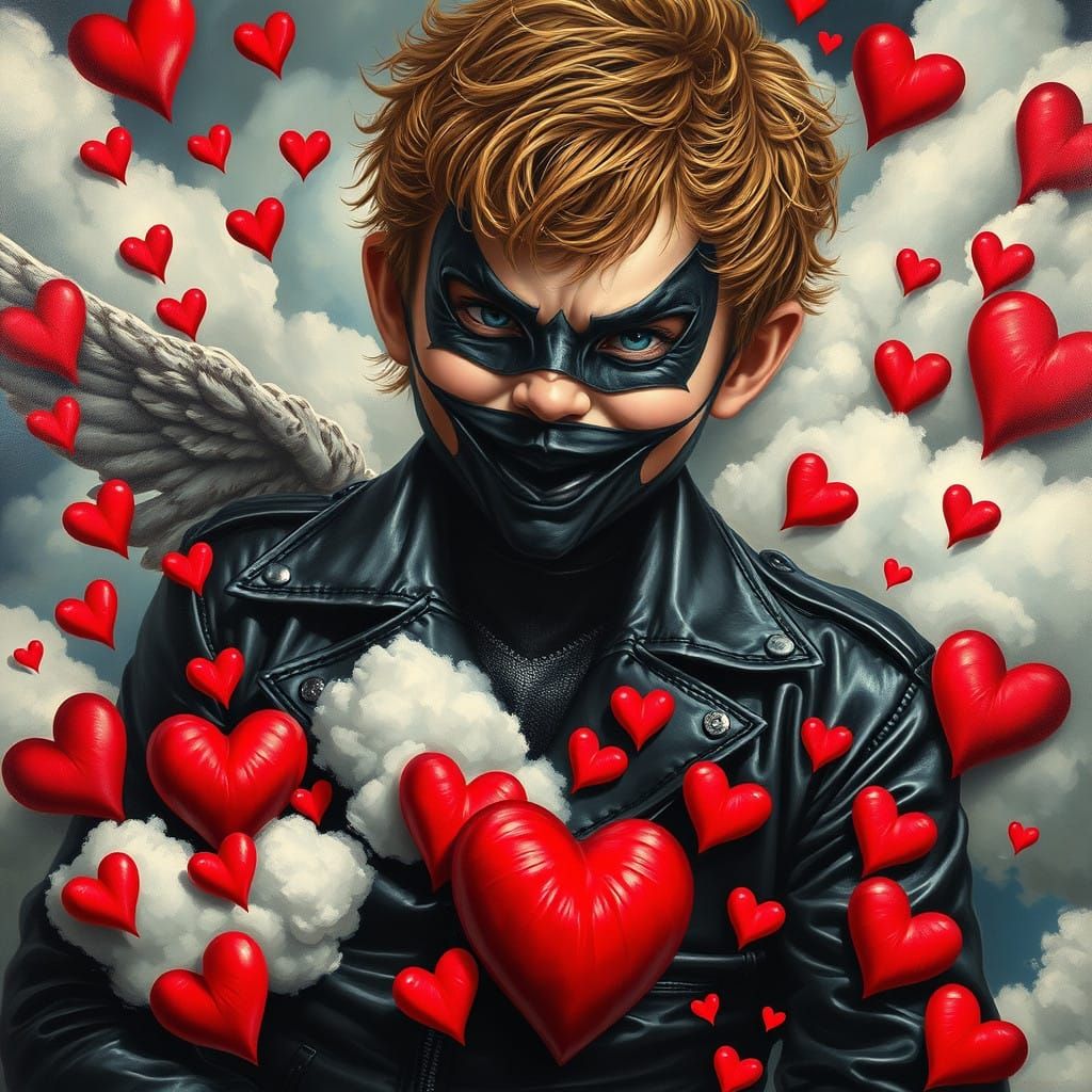 Hyper-Realistic Cupid in Leather Jacket, Surrounded by Heart...