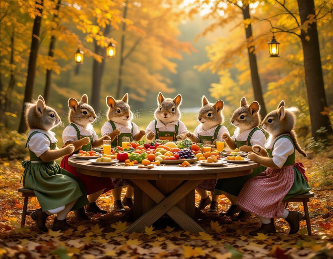 Woodland Creatures Dancing in Autumn Harvest Celebration