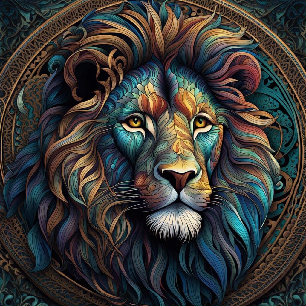Abstract Cool Colors Lion Painting in Art Nouveau Style