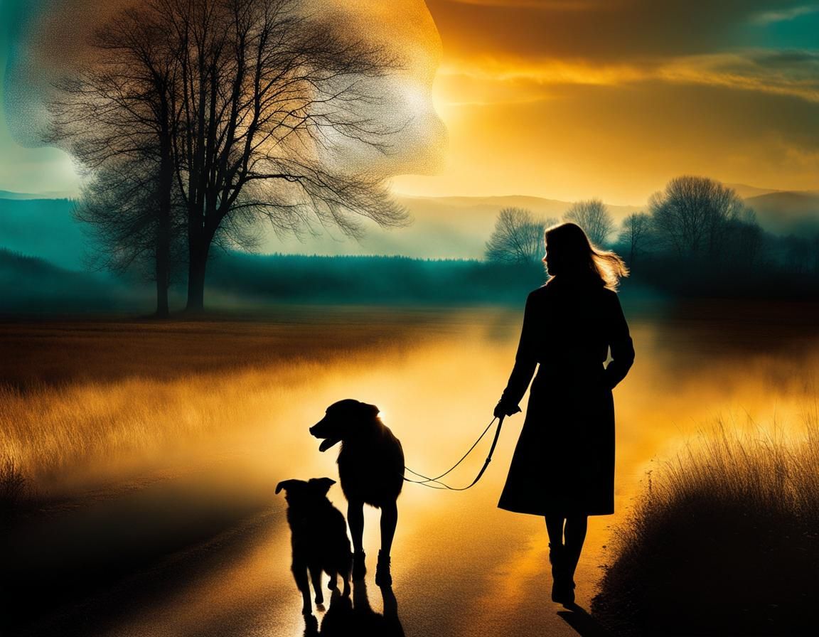 Woman and Dog Silhouette in Surreal Landscape