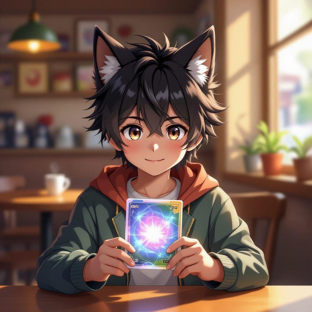 Boy with Wolf Ears Holding Pokémon Card in Anime Style