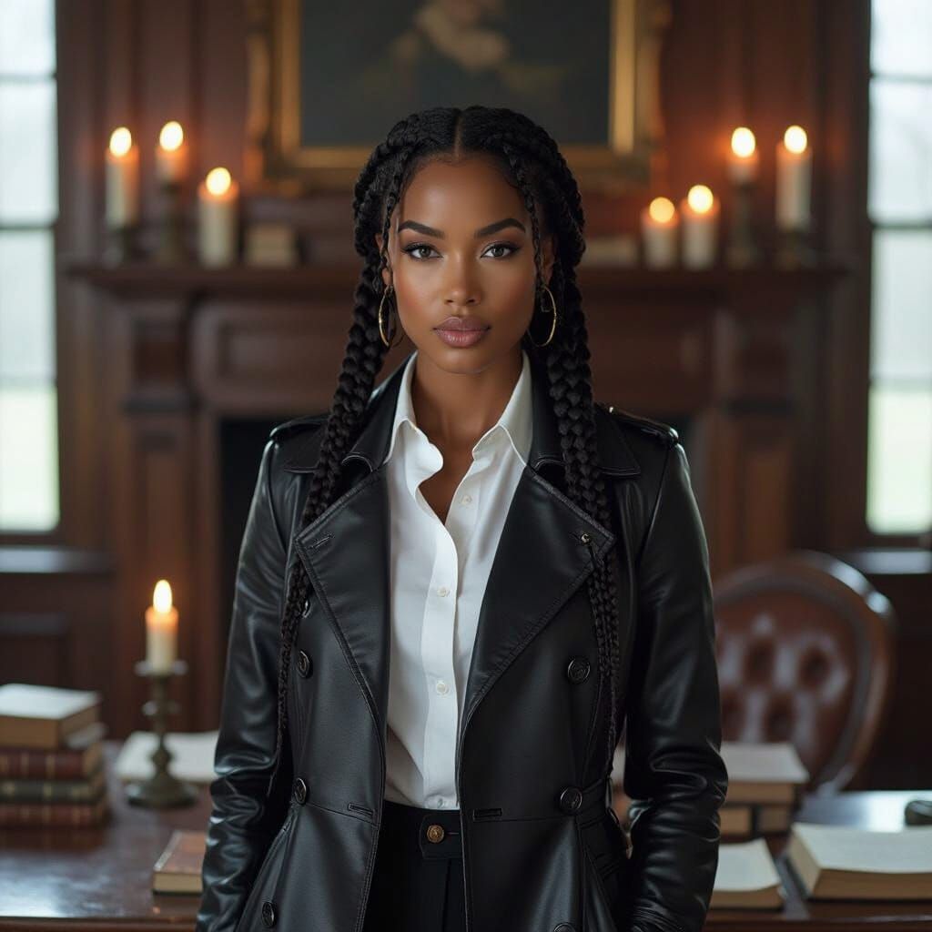 African American Woman in Leather Trench Coat in Victorian S...