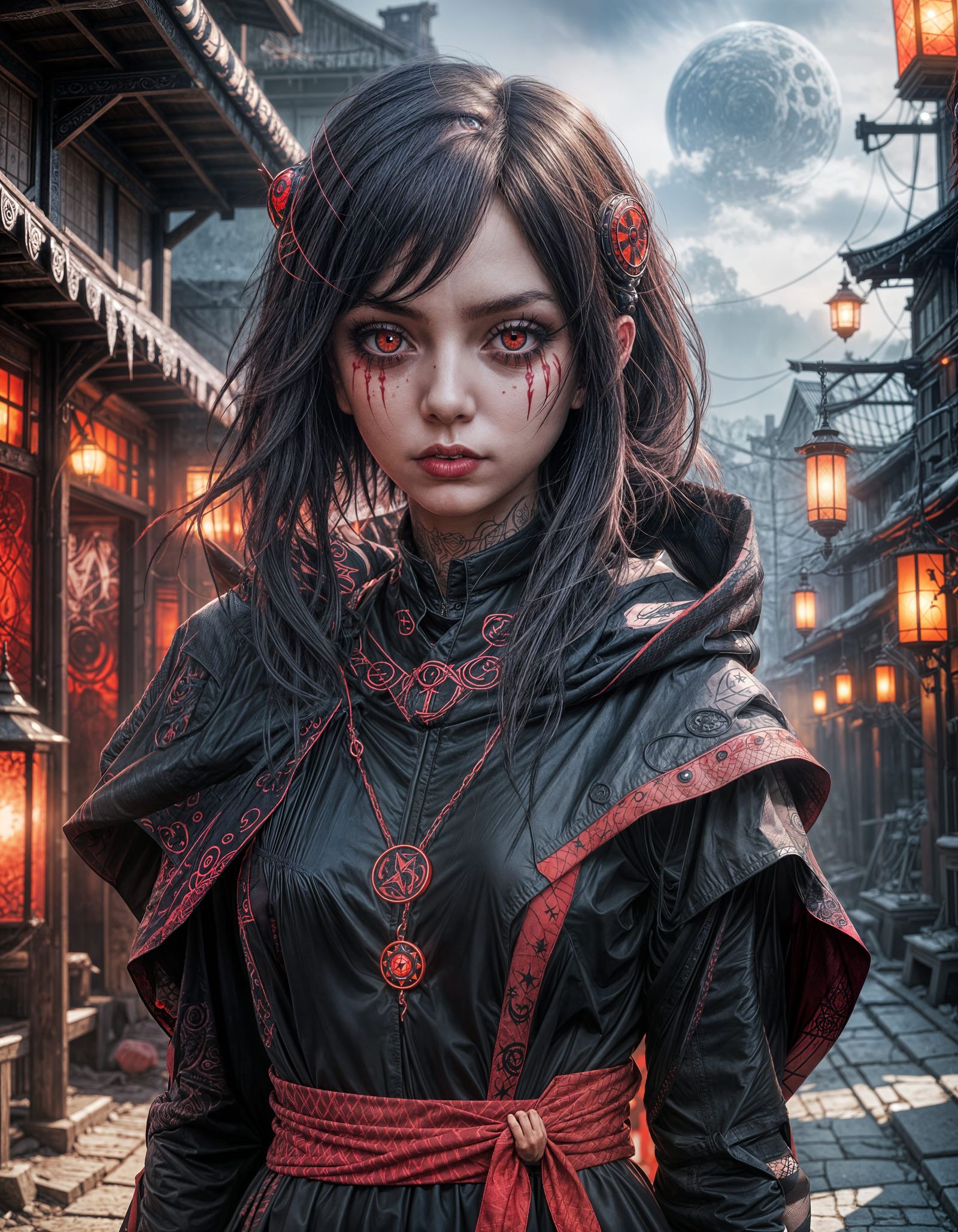 Satanic Goth Girl in Akatsuki Cloak Standing in Konoha Villa...