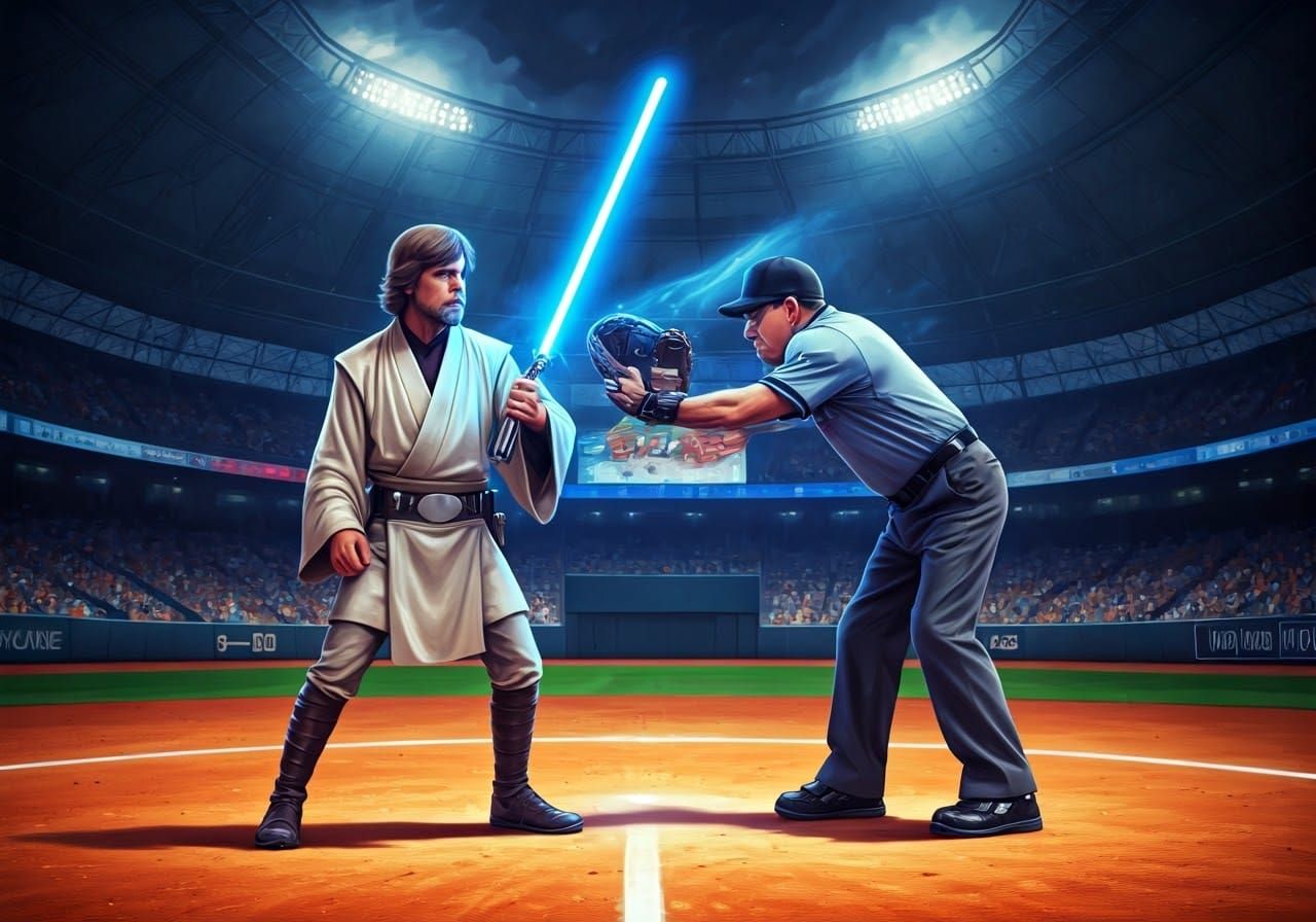 Confident Jedi Warrior Fights Baseball Umpire in Surreal Fan...