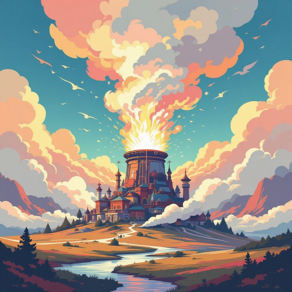 Geyser Eruption in a Whimsical Landscape