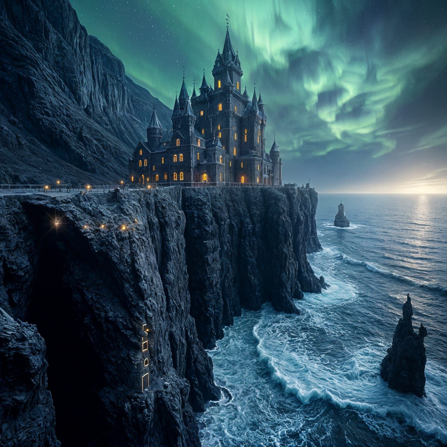 Majestic Black Castle in Iceland with Glowing Runes and Ethe...