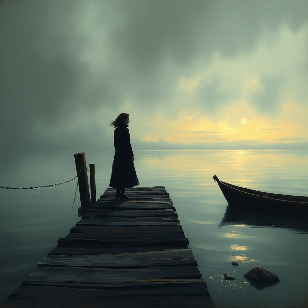 Melancholic Figure Gazes at Horizon in Impressionist Style
