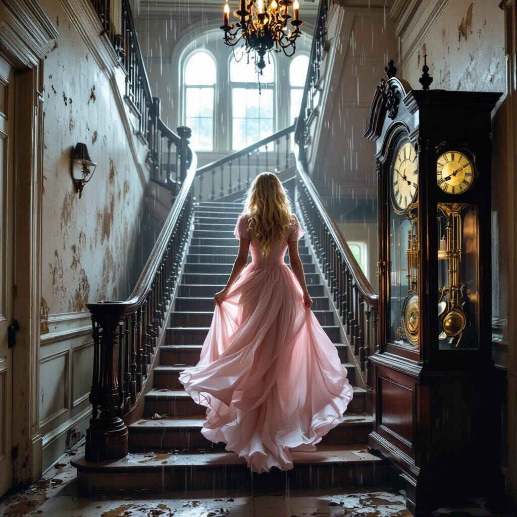 Haunted Mansion with Woman in Pink Dress