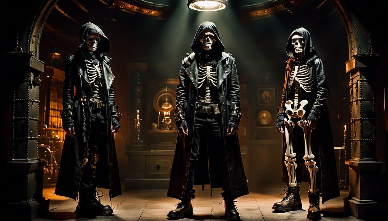 Skeletal Figures in Dramatic Steampunk Chamber