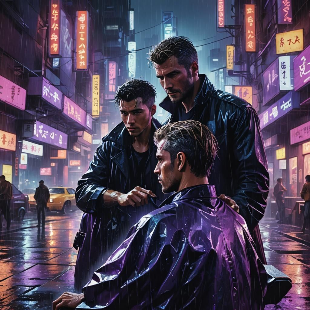 Cyberpunk Barber Shop in Rainy Cityscape