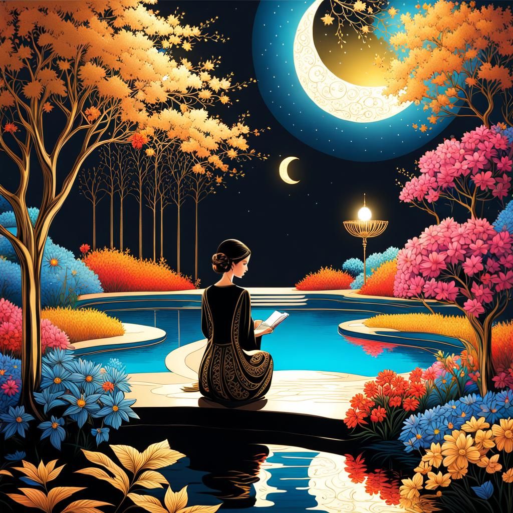 Woman Reading by Pool Under Fairy Lights