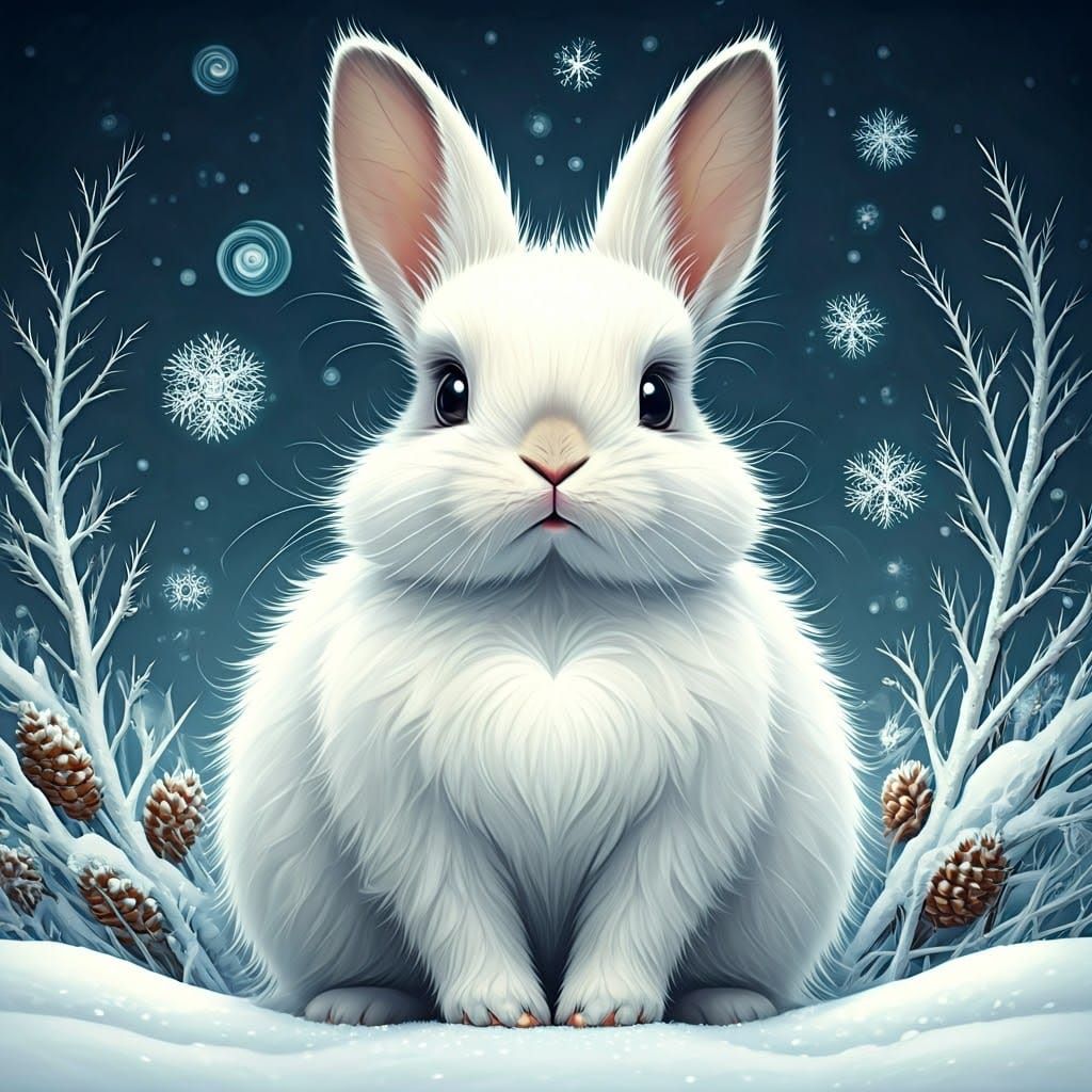 Heart-Marked Bunny in Blizzard, Watercolor Illustration