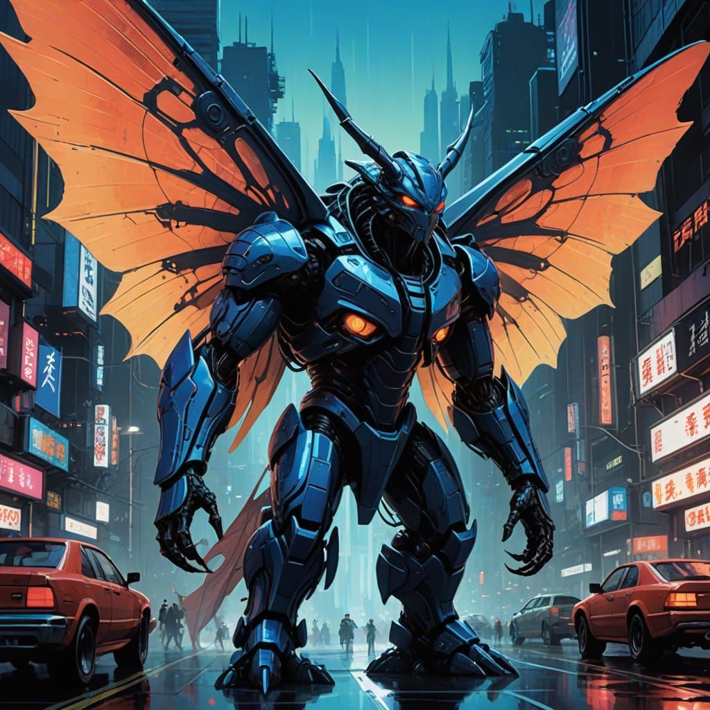 Gigantic Iridescent Moth Creature in Dark Futuristic Landsca...