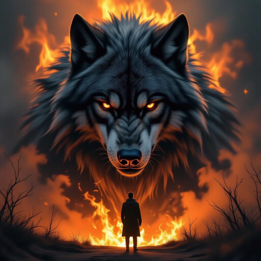 Werewolf's Sorrowful Gaze with Human Reflection in Fiery Dar...