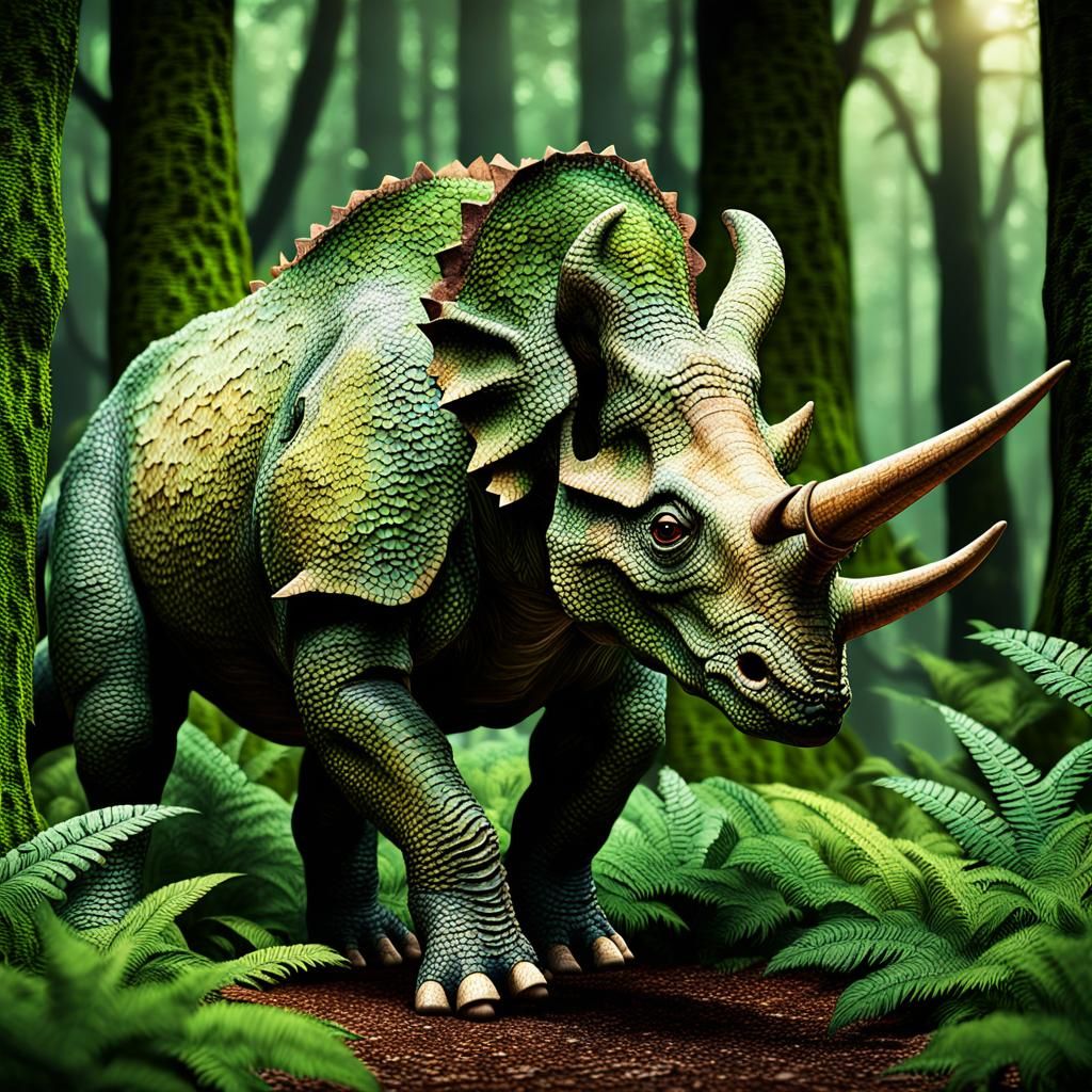 Hyper-Realistic Triceratops in Ancient Prehistoric Forest