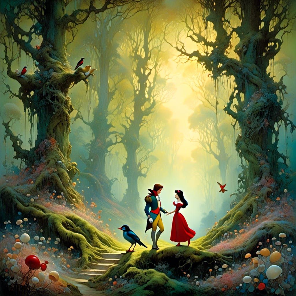 Snow White and Pinocchio in Victorian Watercolor Style