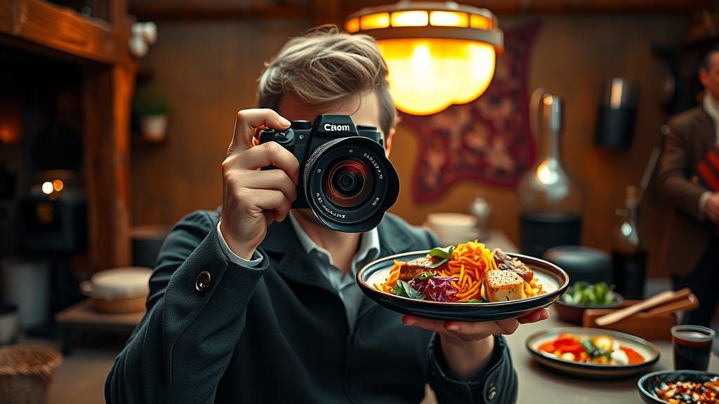 Camera Photographing Colorful Cuisine in Rustic Setting