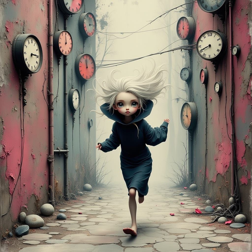 Gothic Woman Runs on Cobblestone Road