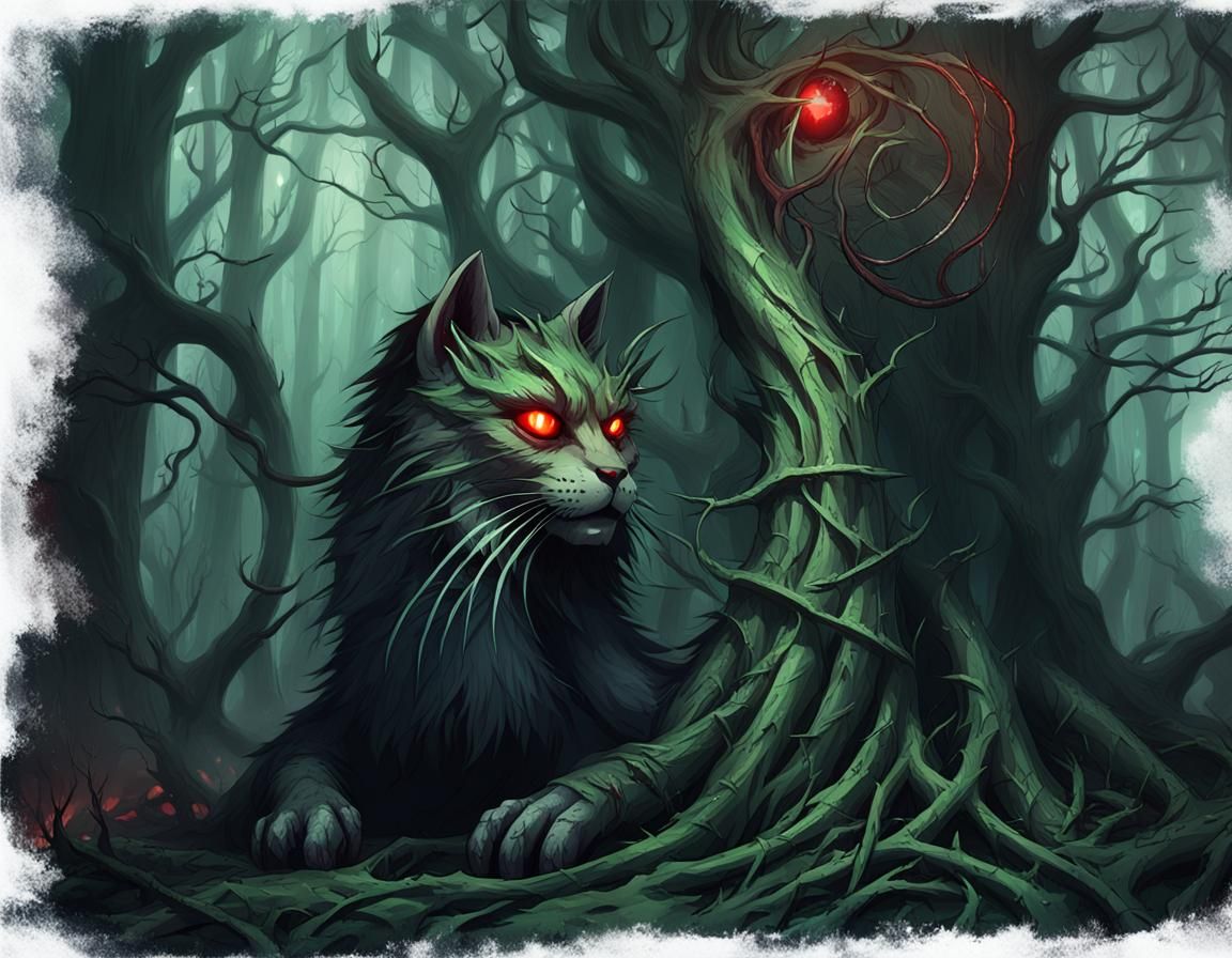 Gothic Horror Cat in Dark Fantasy Forest