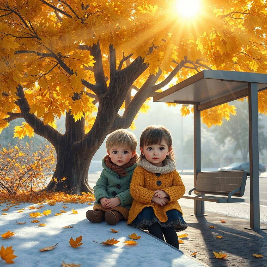 Children at Autumn Bus Stop in Matte Painting Style