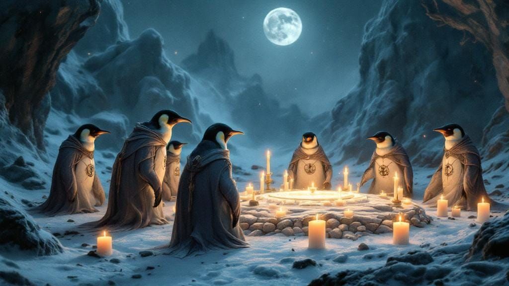 Penguin Ritual in a Mystical Landscape