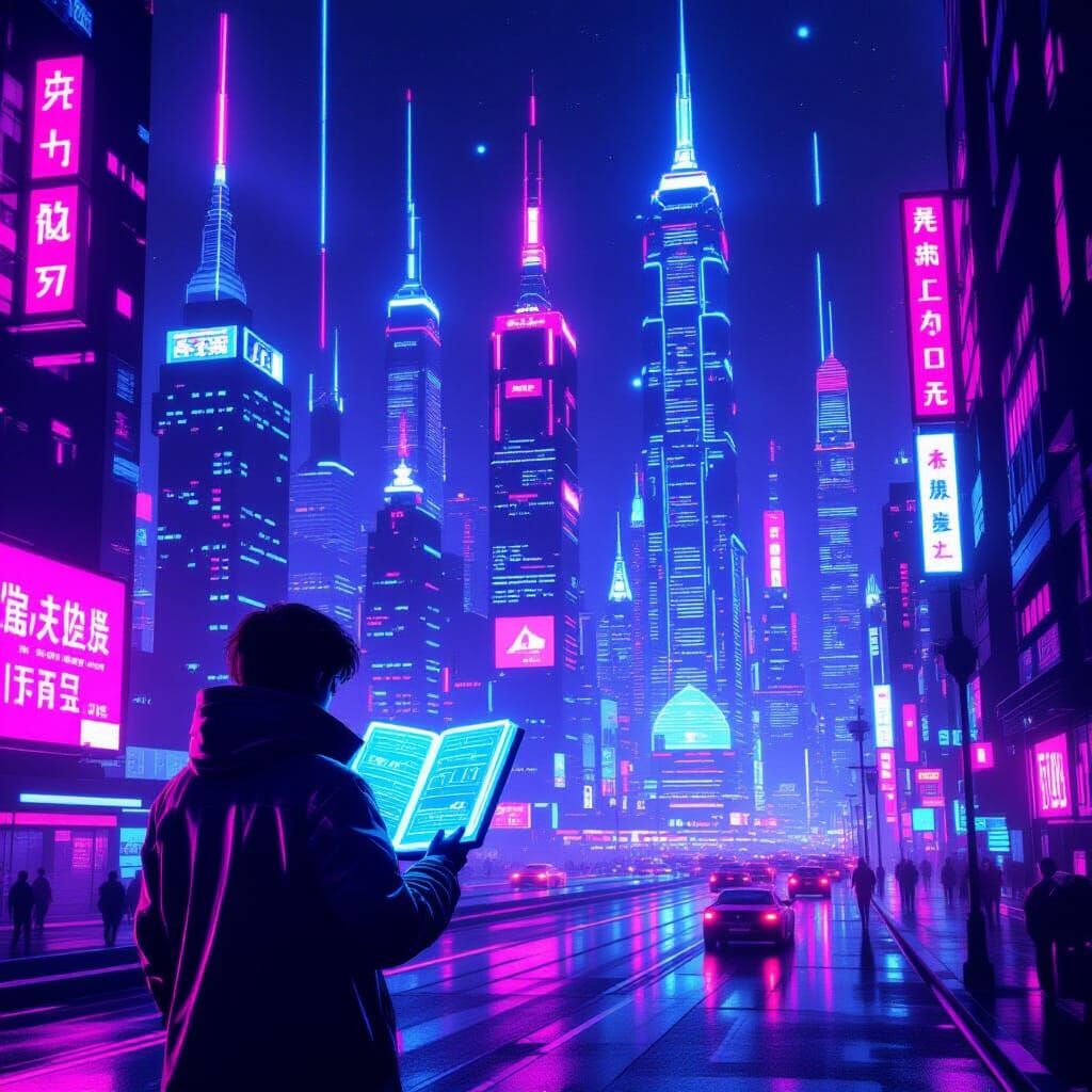 Synthwave Cityscape With Holographic Book