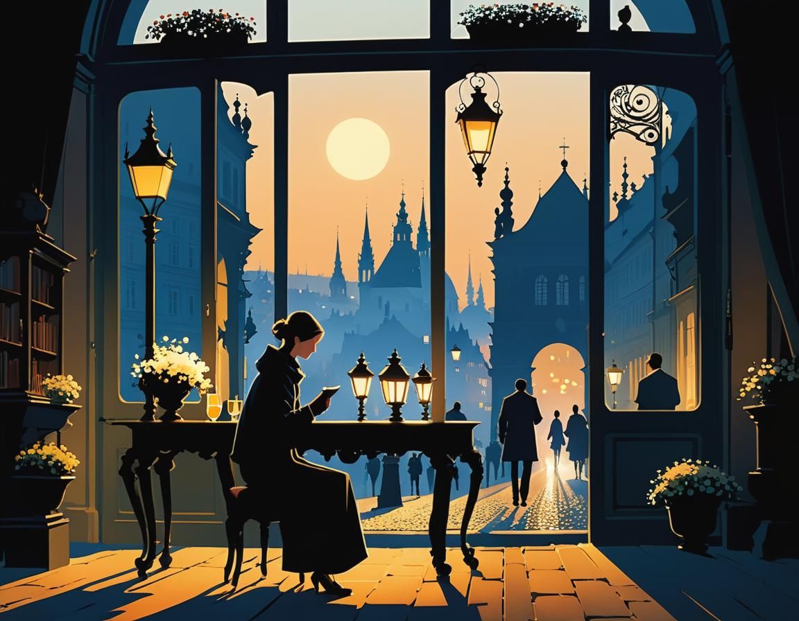 Whimsical Evening Scene in Prague, Intricately Rendered