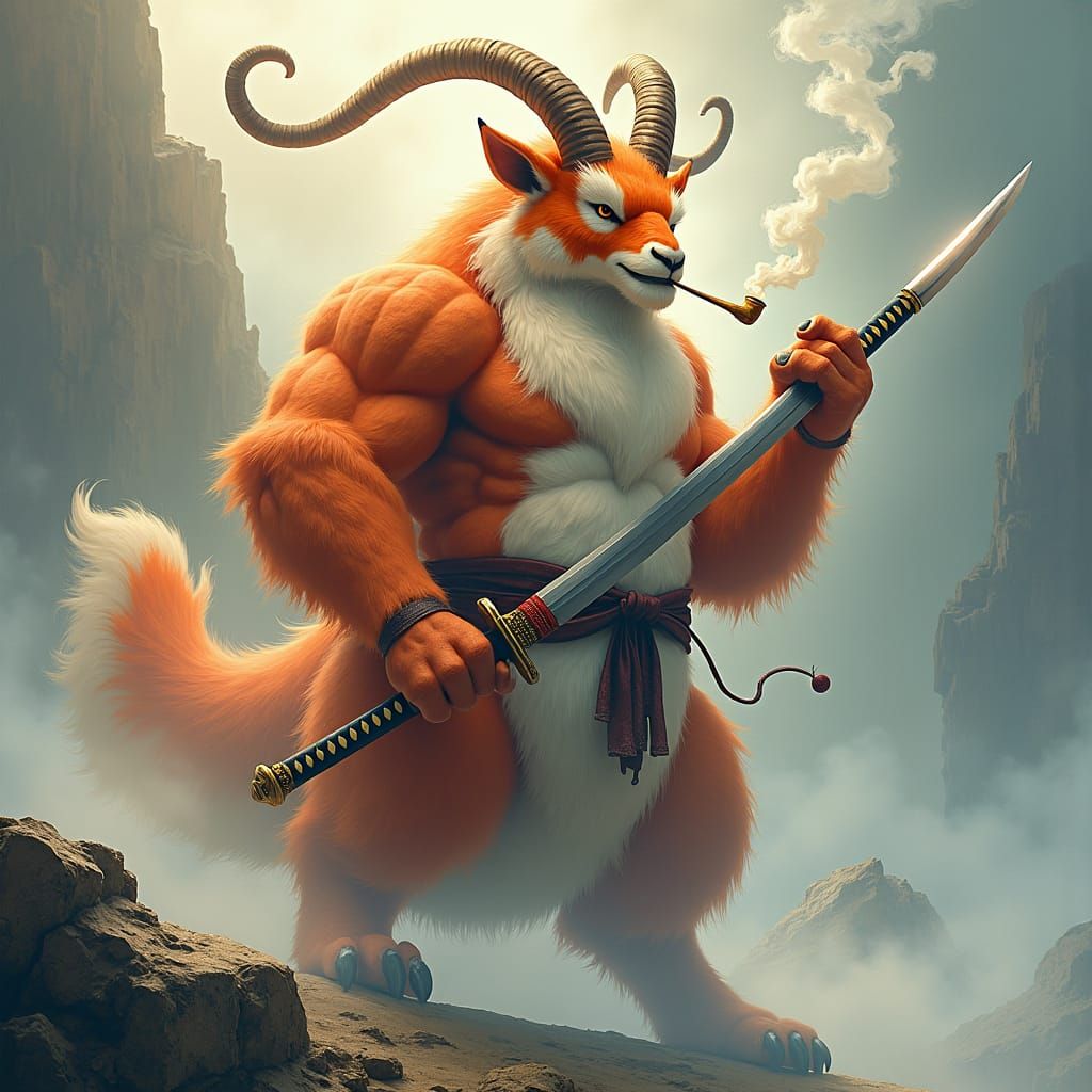 Majestic Goat God with Katana and Kiseru Pipe