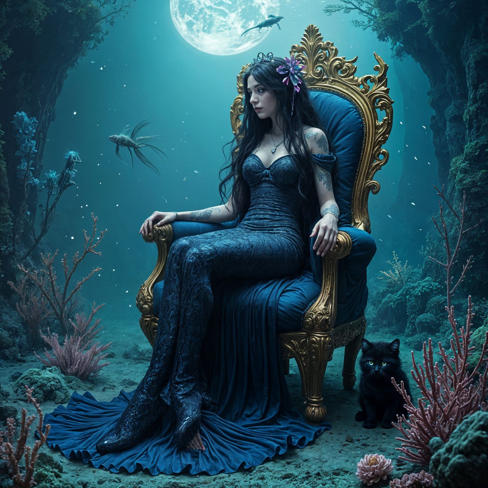 Gothic Mermaid Goddess in Mystical Underwater Realm