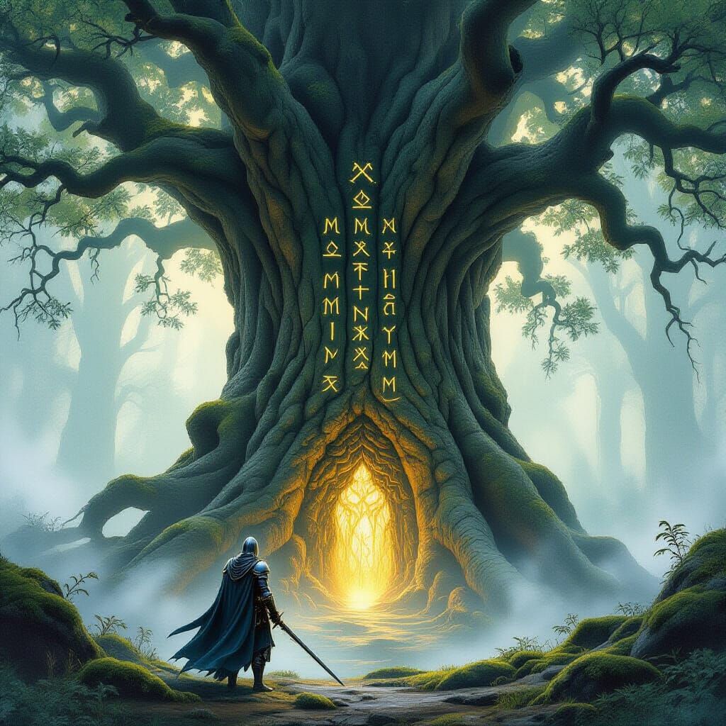 Knight Before Ancient Rune Tree in Misty Forest