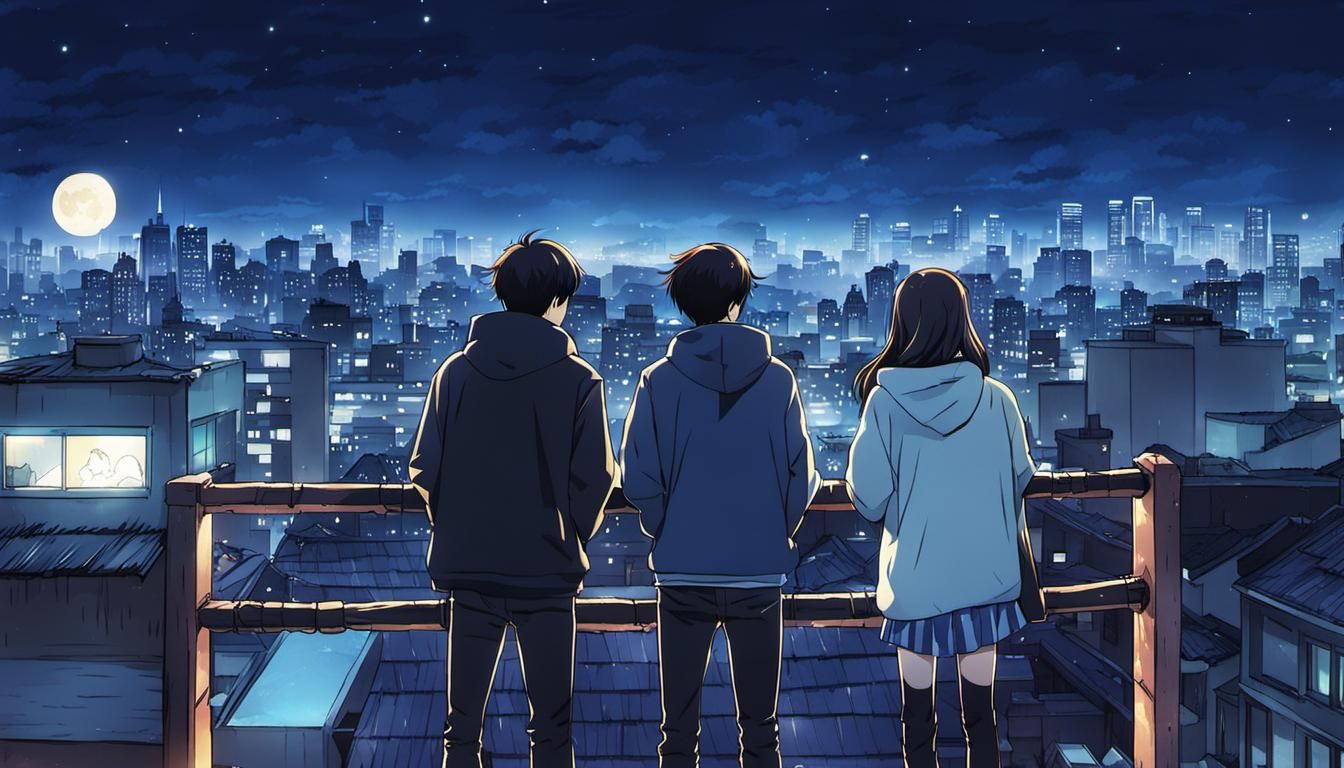 Romantic Rooftop Night View in Manhwa Style
