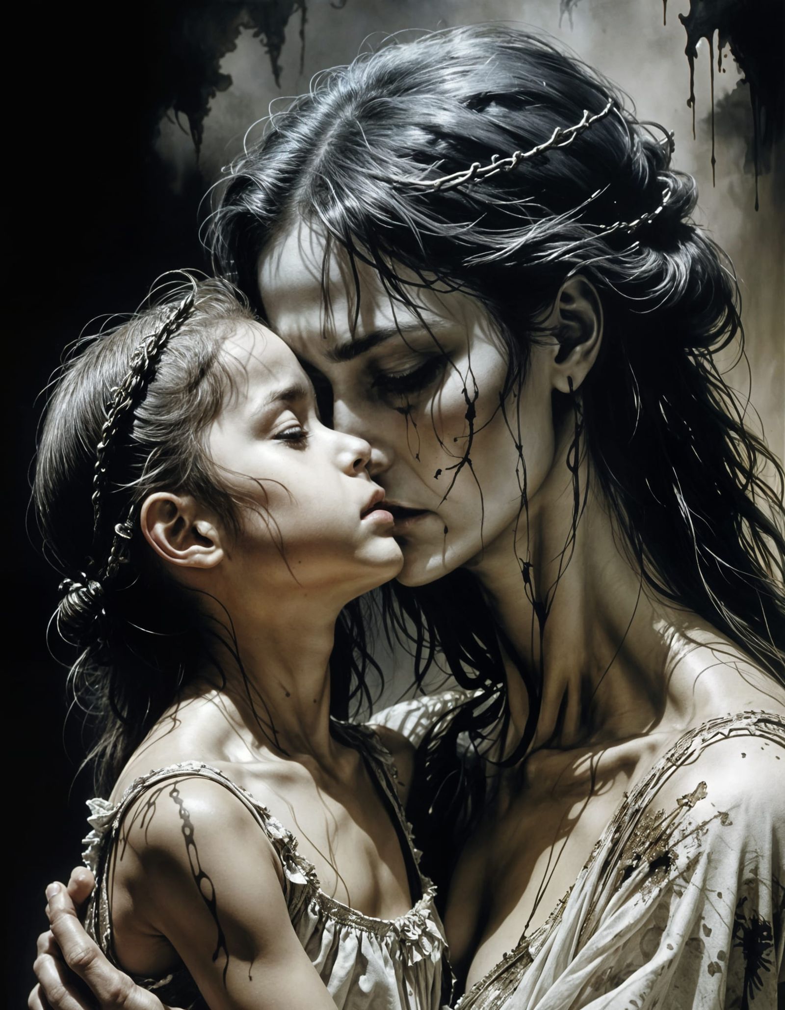 Sorrowful Mother's Gaze in a Double Exposure Masterpiece