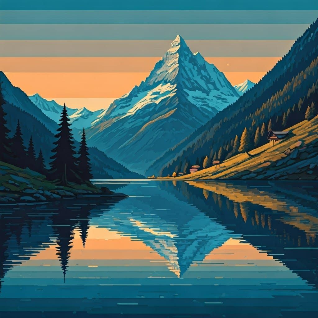 Swiss Alps Sunset: Impressionist Pixel Art Landscape