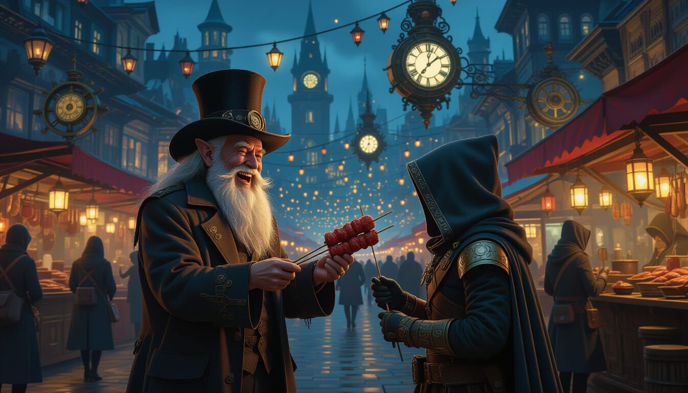 Steampunk Elf and Adventurer at Night Market