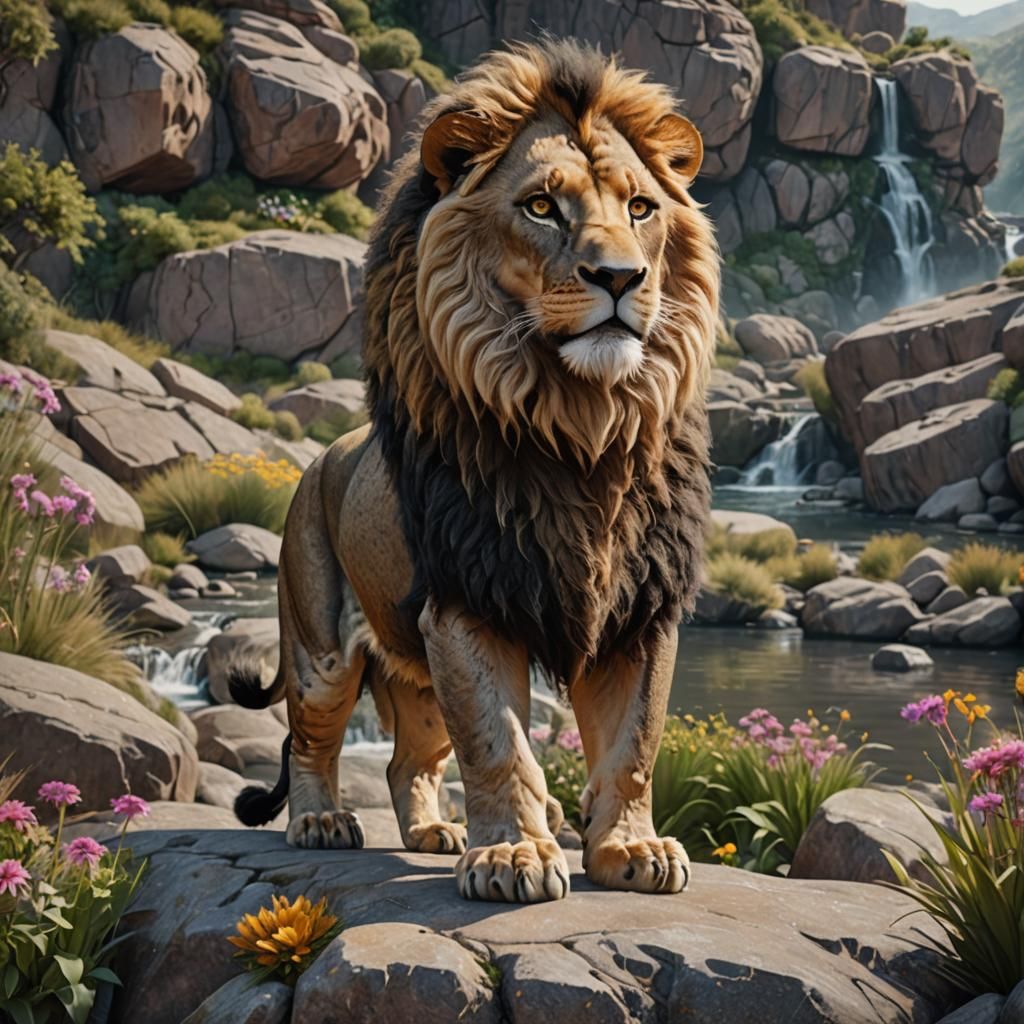 Majestic Barbary Lion on River Outcrop